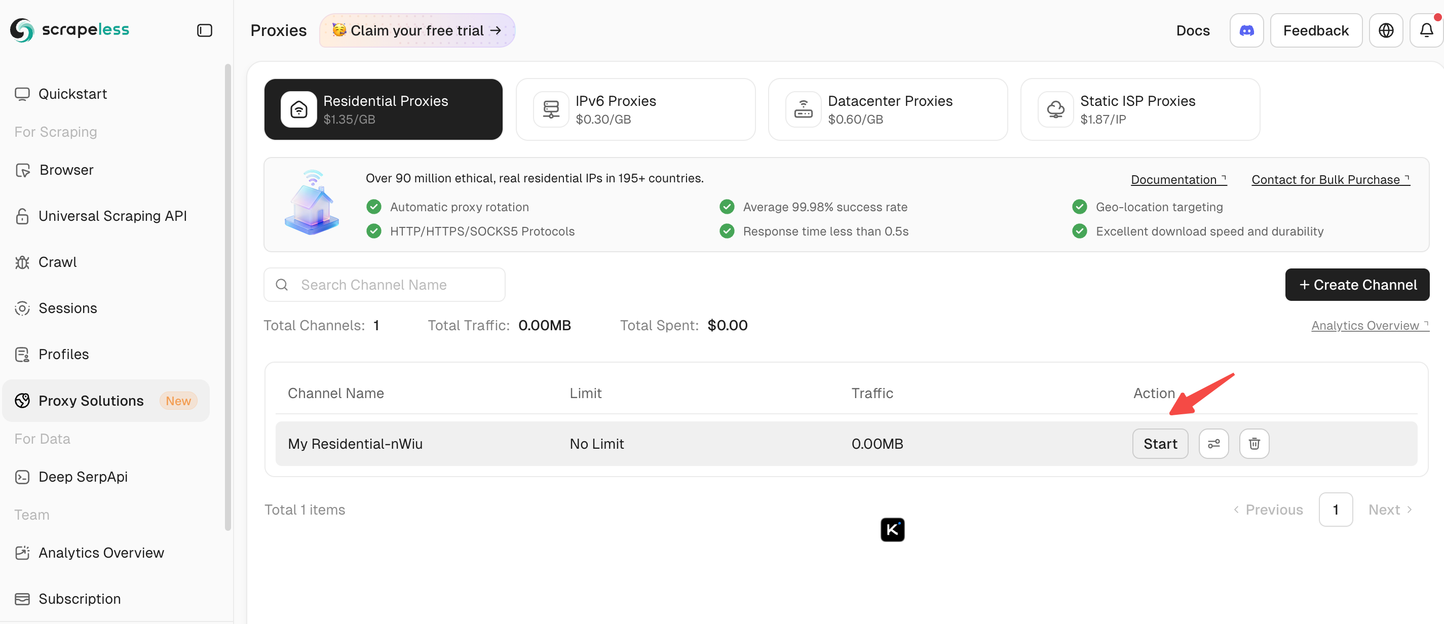 select a proxy channel and click Start