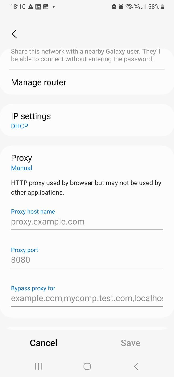 Se você quiser ignorar o proxy para certos sites, insira-os no campo Ignorar proxy para.