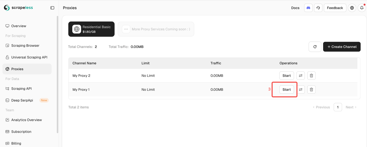 Clique em "Iniciar" para entrar na página de configuração do proxy