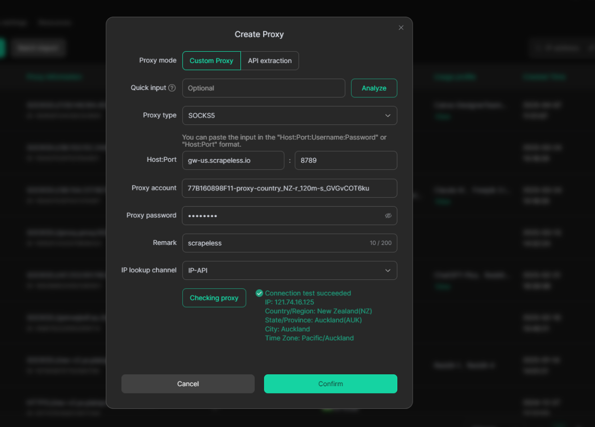 Selecione o tipo de Proxy e copie as informações do Scrapeless