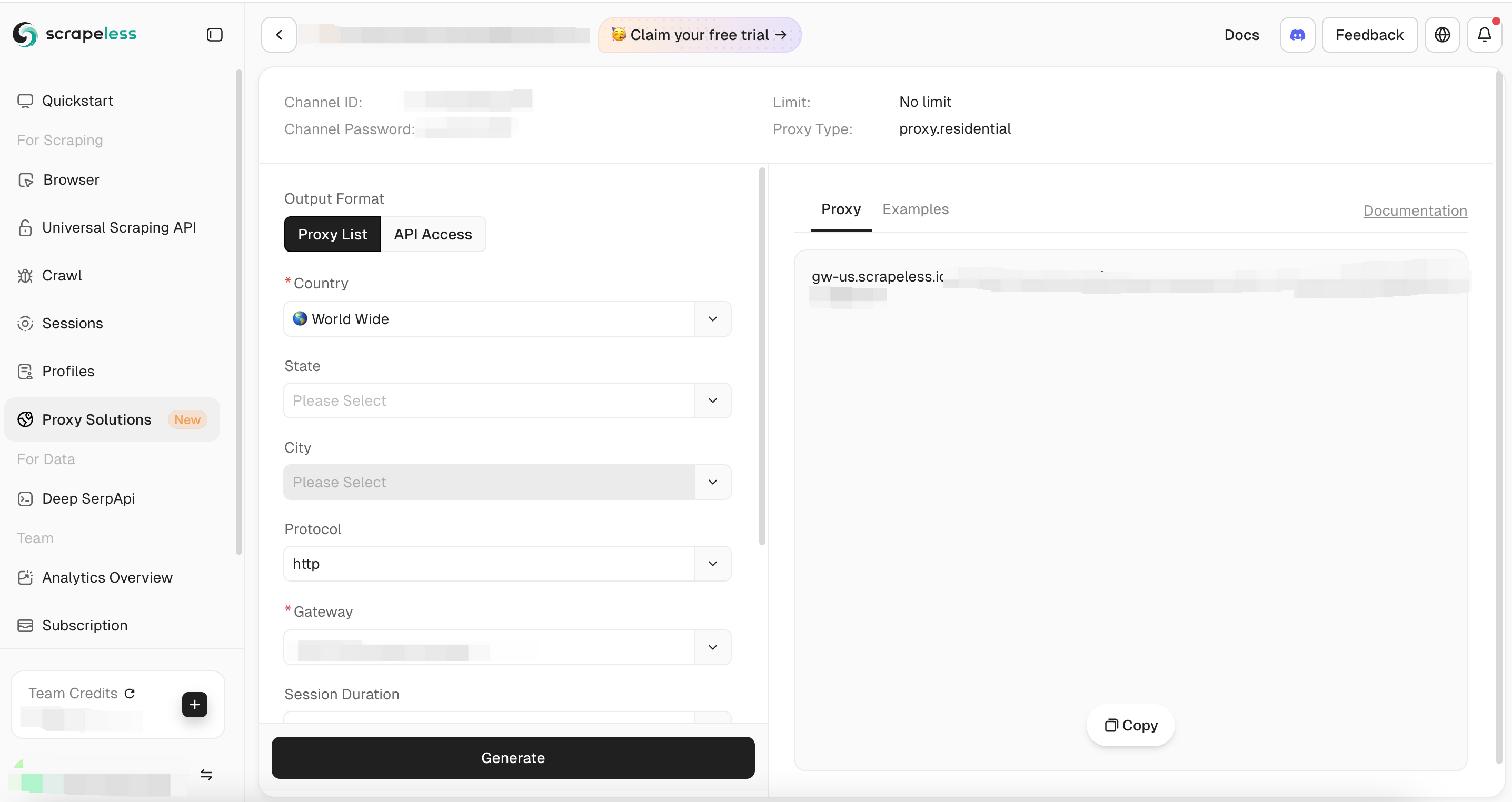 Clique no botão Gerar para criar um proxy ou visualizar um exemplo