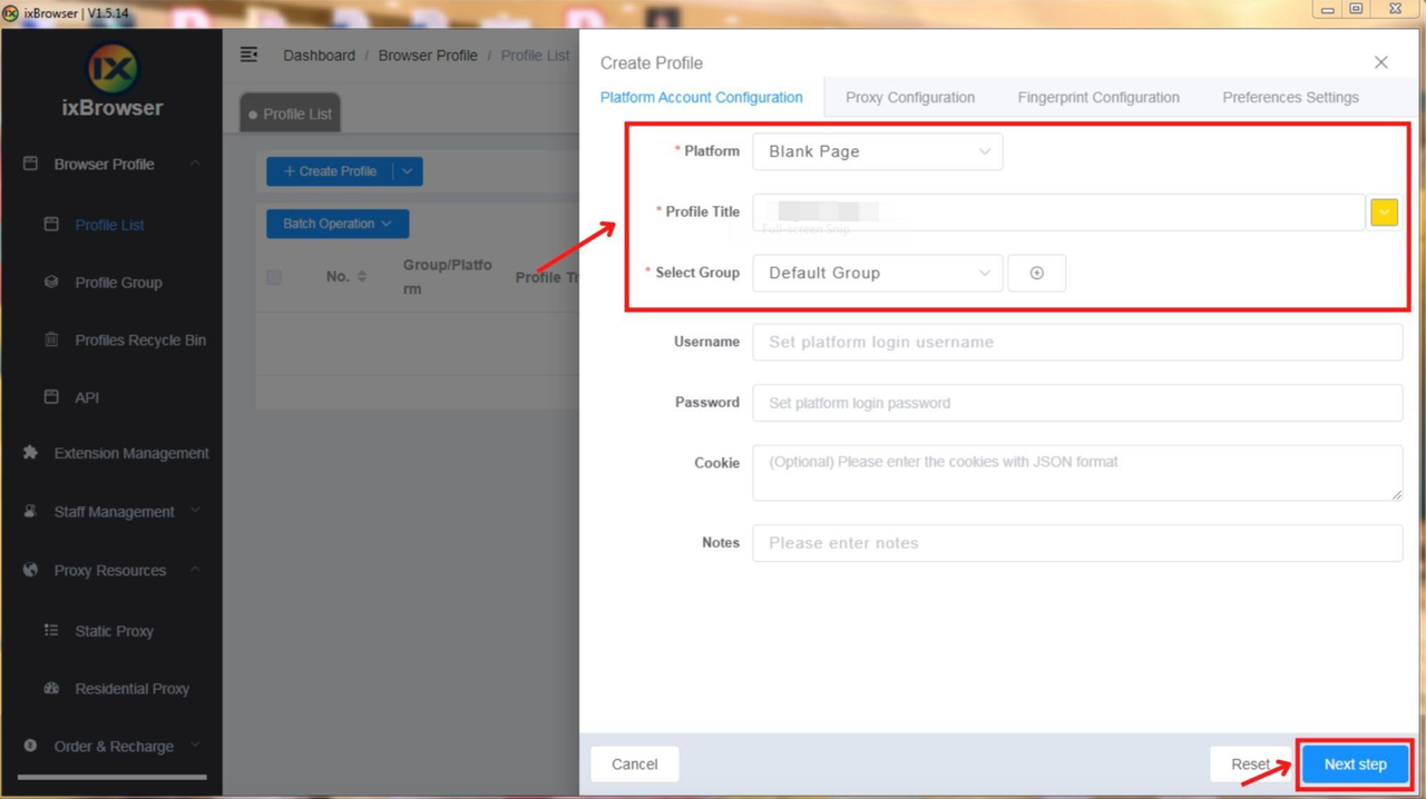 Select the platform, group, and profile title
