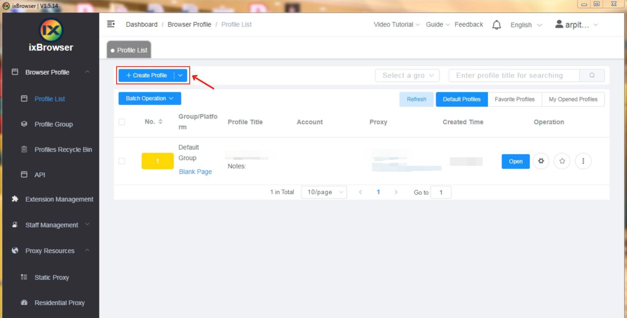 Click the "+ Create Profile" button