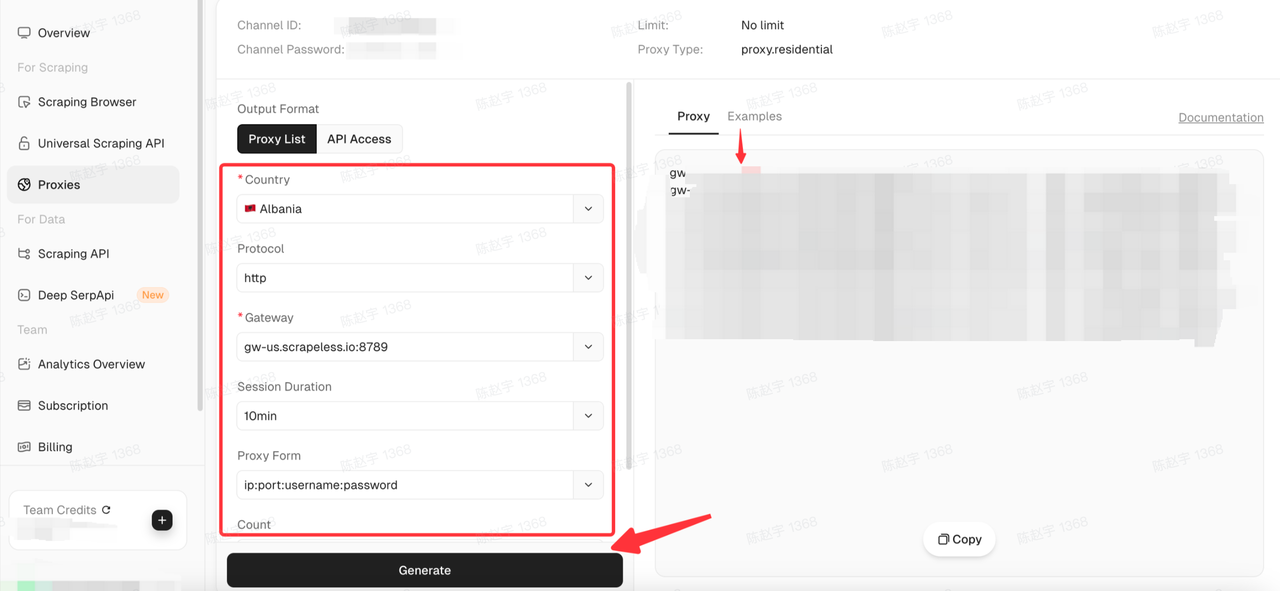 generate the corresponding residential proxy