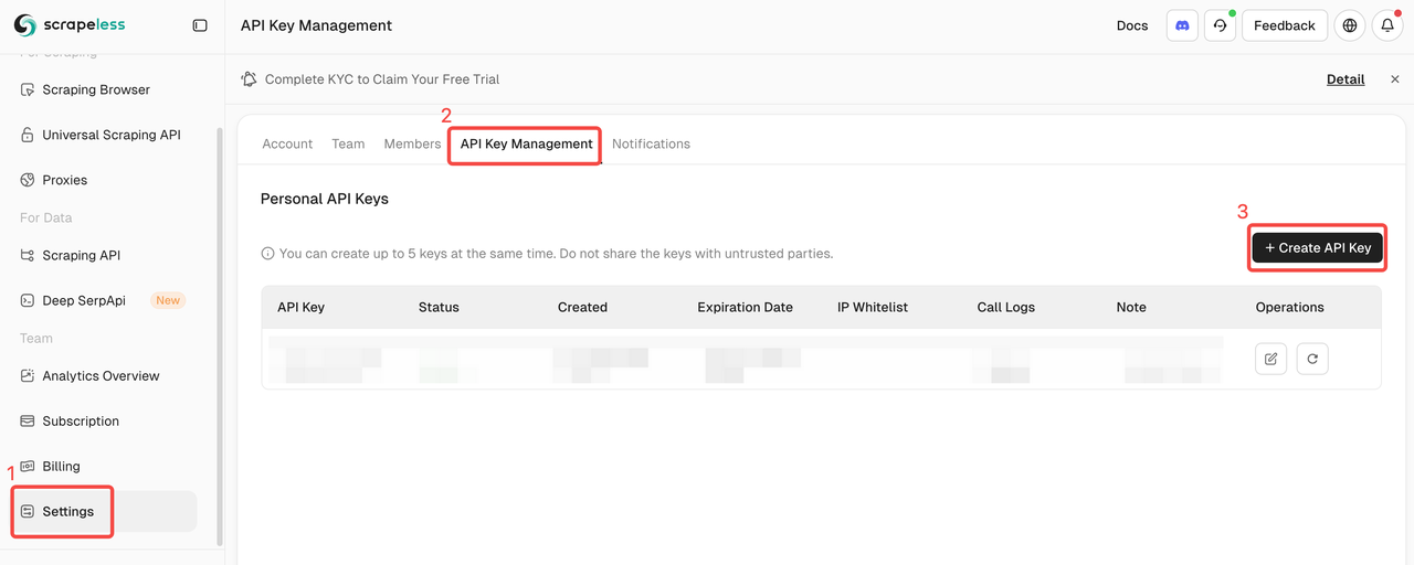 Log in to Scrapeless and get your API Key.