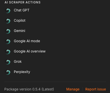 n8n community node panel listing seven Scrapeless AI Scraper actions and package version 0.5.4.