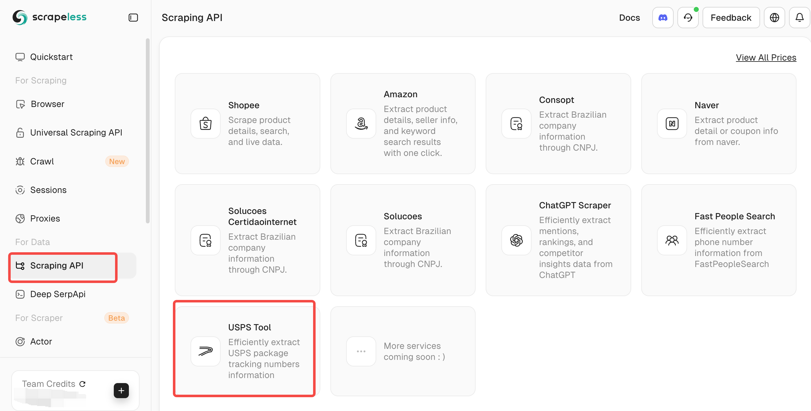 Selecione "Scraping API" e depois "USPS Tool